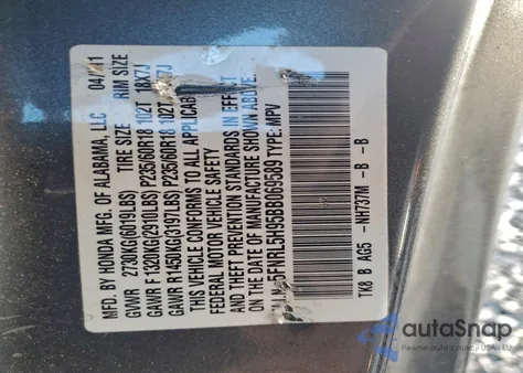2011 Honda Odyssey Touring z USA, uszkodzony, nr VIN 5FNRL5H95BB069589
